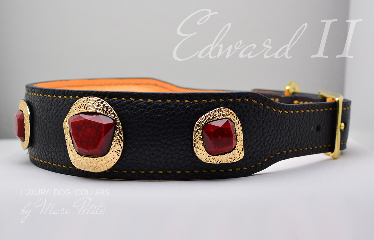 Luxury Designer Dog Collar Beige Leather & Red Stones 