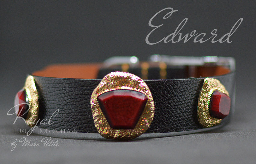 Black Dog Collar with Black Leather + Red/White Crest Stitching